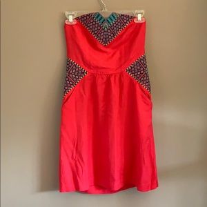 Coral Embroidered Urban Outfitters Strapless Dress